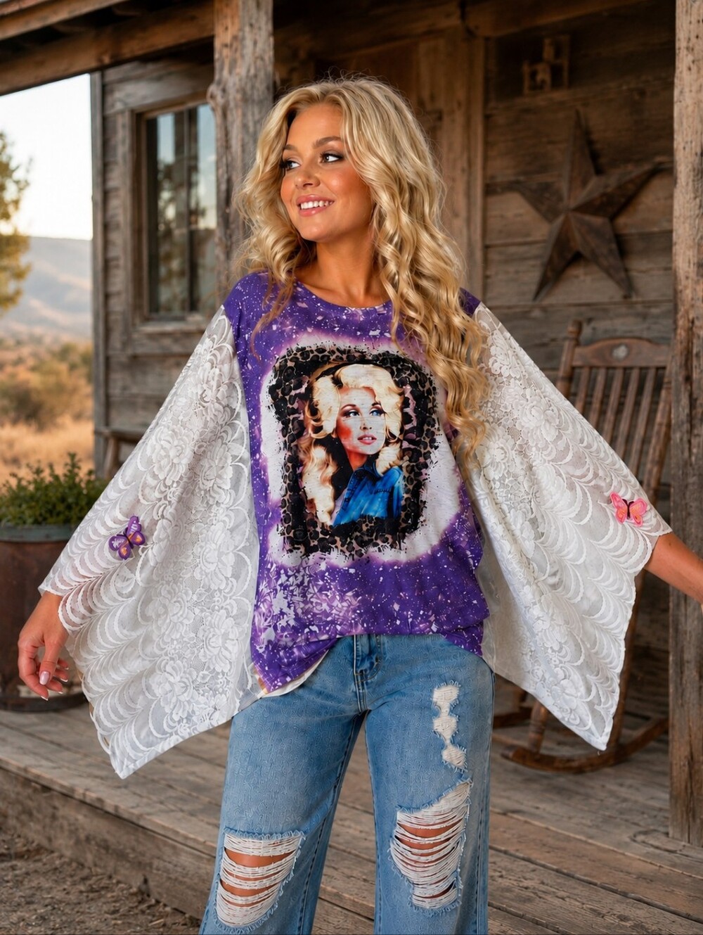Upcycled Dolly Parton Graphic Band Tee With Lace Sleeves, OS - Picture 2 of 6